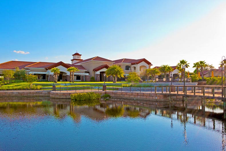 Palm trees surrounding the clubhouse at Del Webb Orlando in Davenport, Florida.