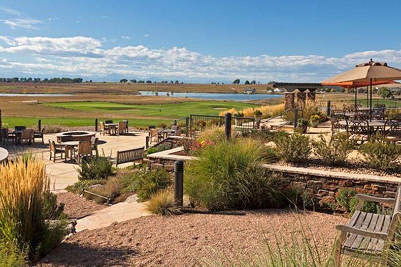 The patio and community grounds at Heritage Todd Creek in Thornton, Colorado.