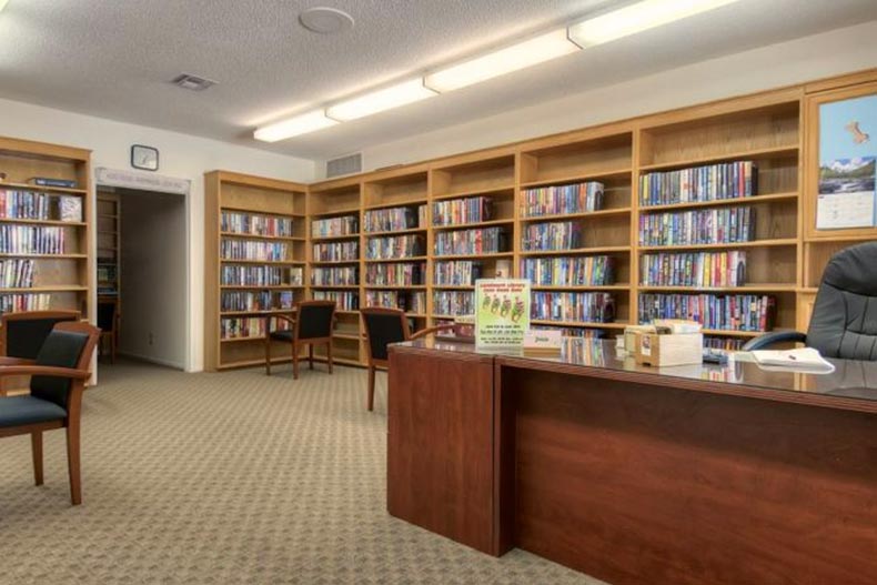 Interior view of the library at Huntington Landmark in Huntington Beach, California.