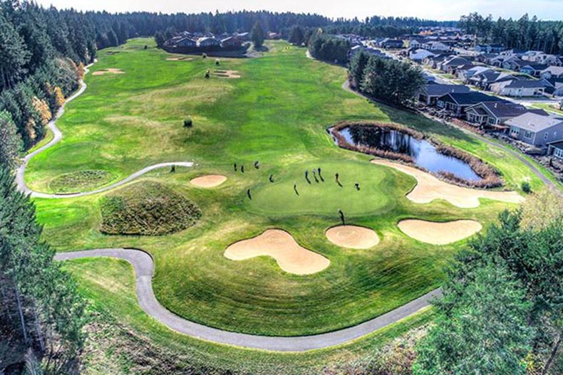 Aerial view of the golf course on the grounds of Jubilee in Lacey, Washington.