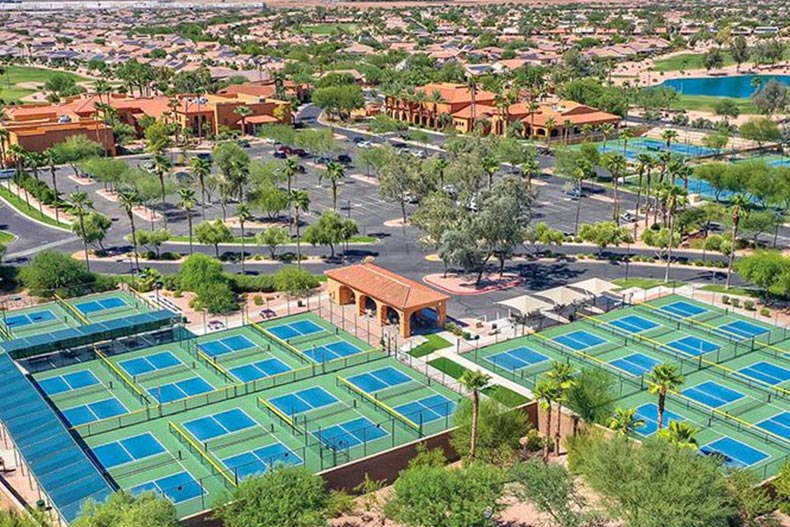 Aerial view of the amenities on the grounds of PebbleCreek in Goodyear, Arizona.