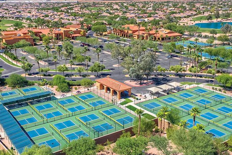 Aerial view of the amenities on the grounds of PebbleCreek in Goodyear, Arizona.