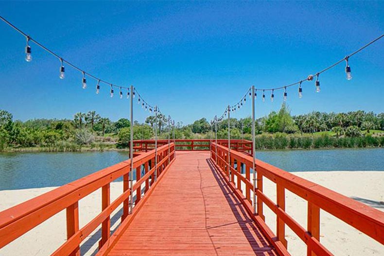 A dock on a pond at Pelican Preserve in Fort Myers, Florida.