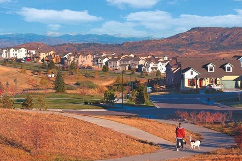 Mountains surrounding houses at The Patios at The Meadows in Castle Rock, Colorado.