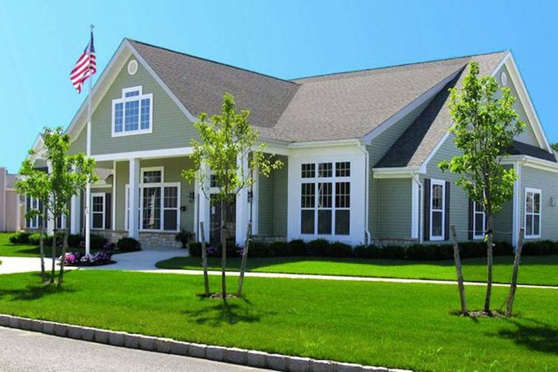 Exterior view of a community building on the grounds of Vineyards at Moriches in Center Moriches, New York.