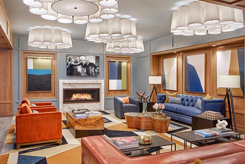 Interior view of a lounge area at Icon Riverwalk, a 55+ apartment community in New Jersey.