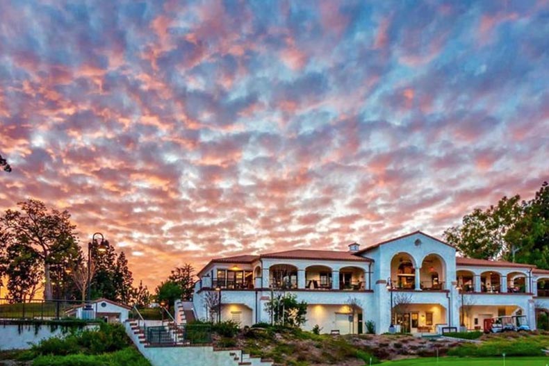 A colorful sunset above the clubhouse at Laguna Woods Village in Laguna Woods, California.