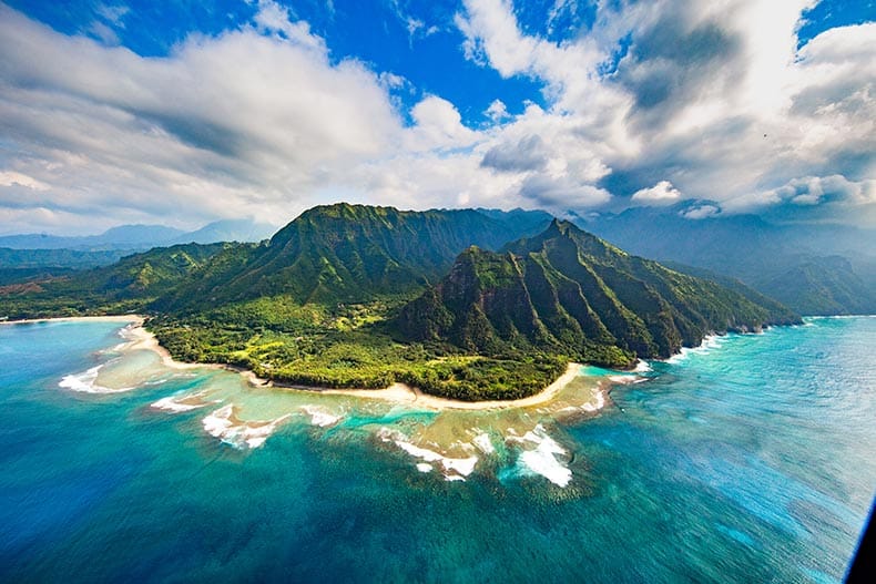 Aerial view of the Na Pali Coast on the island of Kauai in Hawaii.