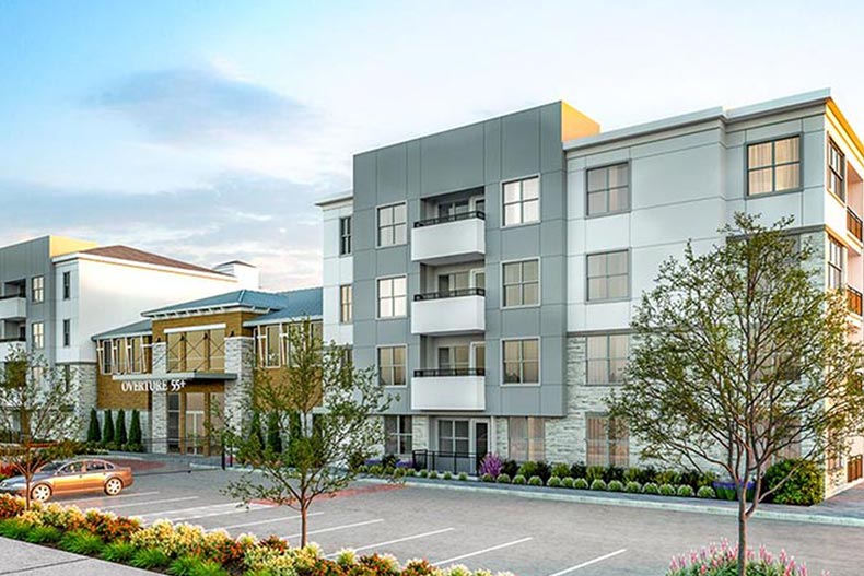 Exterior view of Overture Albuquerque, a 55+ apartment community in New Mexico.