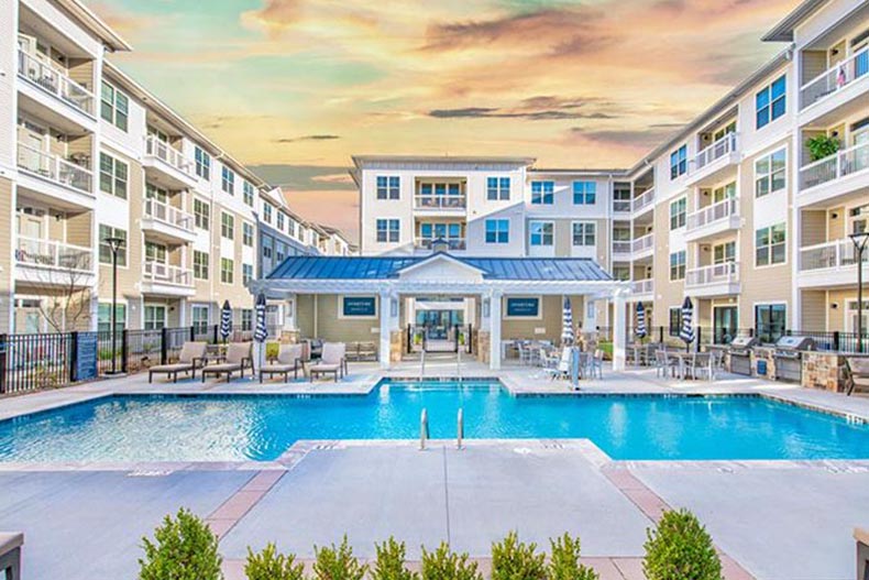 The outdoor pool at Overture Greenville, a 55+ apartment community in South Carolina.