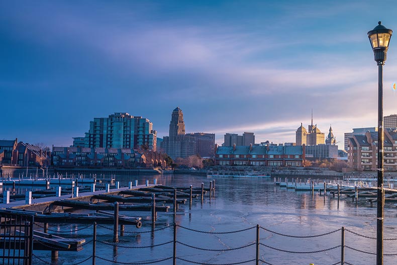 Cityscape view of Buffalo, New York from Erie Basin Marina.