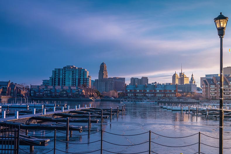 Cityscape view of Buffalo, New York from Erie Basin Marina.