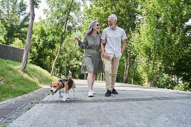 A 55+ couple enjoying a summer walk through the park.