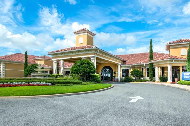 Exterior view of the clubhouse at the entrance of Heritage Hills in Clermont, Florida.