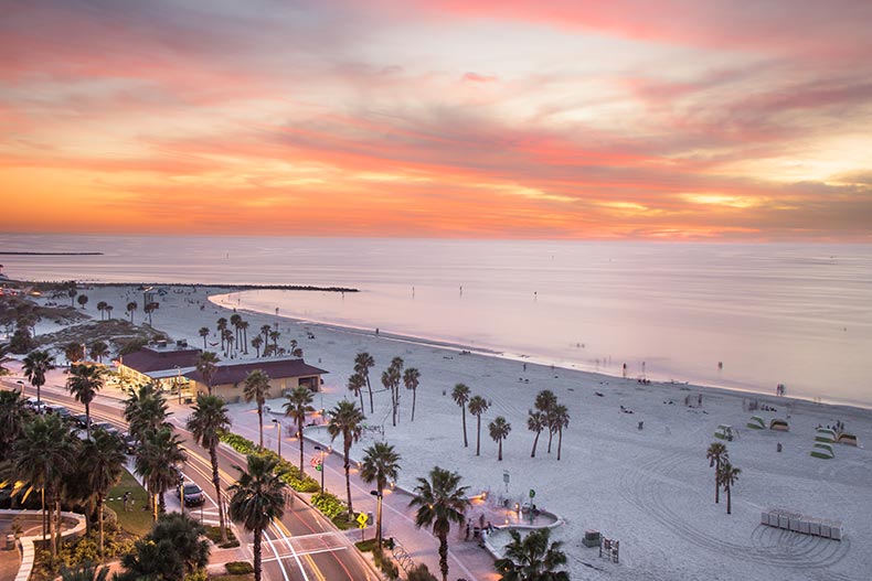 Aerial view of Clearwater Beach in Florida at sunset.