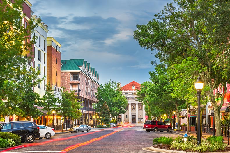 The downtown cityscape of Gainesville, Florida at twilight.
