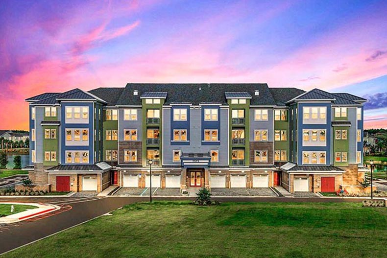 Exterior view of a condo building on the grounds of Gatherings of Lake Nona in Orlando, Florida.