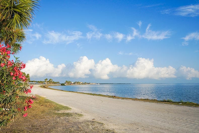 View of Dunedin Causeway connecting to Honeymoon Island in Florida on a sunny day.