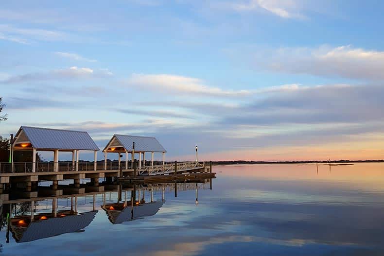 Sunset view of a pier in Kissimmee, Florida.