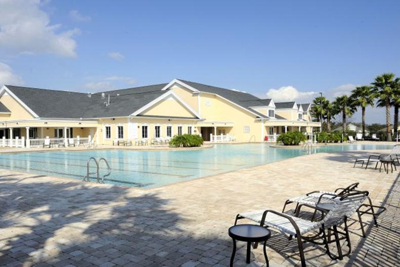 Lounge chairs beside the outdoor pool at Lakes of Mount Dora in Mount Dora, Florida.