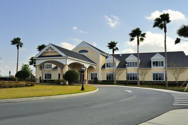 Exterior view of the clubhouse at the entrance of Lakes of Mount Dora in Mount Dora, Florida.