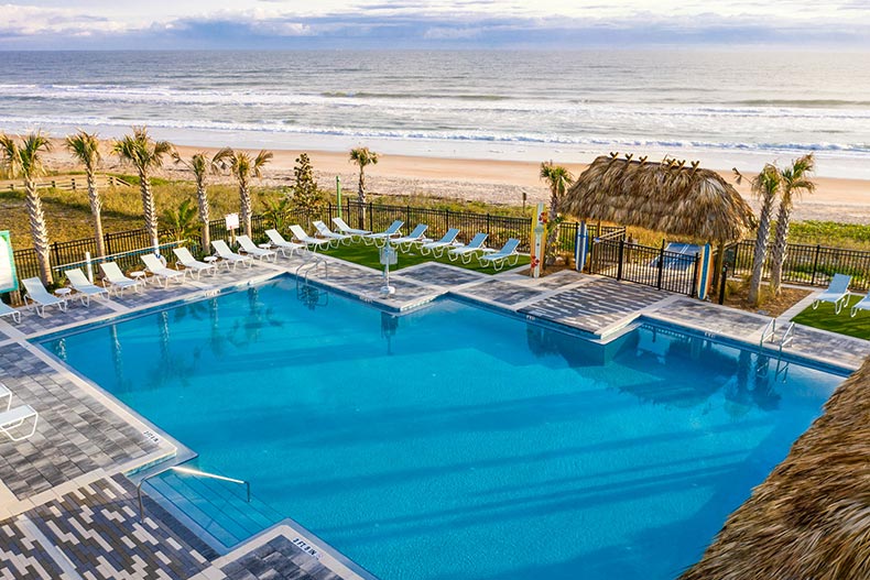 Aerial view of the pool at the Beach Club at Latitude Margaritaville in Daytona Beach, Florida.