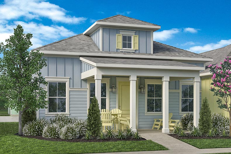 Exterior view of a model home at Latitude Margaritaville Watersound in Panama City Beach, Florida.