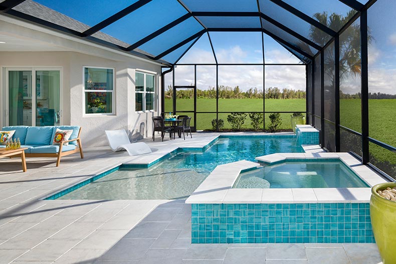 An indoor pool inside a model home at Latitude Margaritaville in Daytona Beach, Florida.