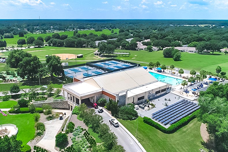 Aerial view of a recreation center at On Top of the World in Ocala, Florida.