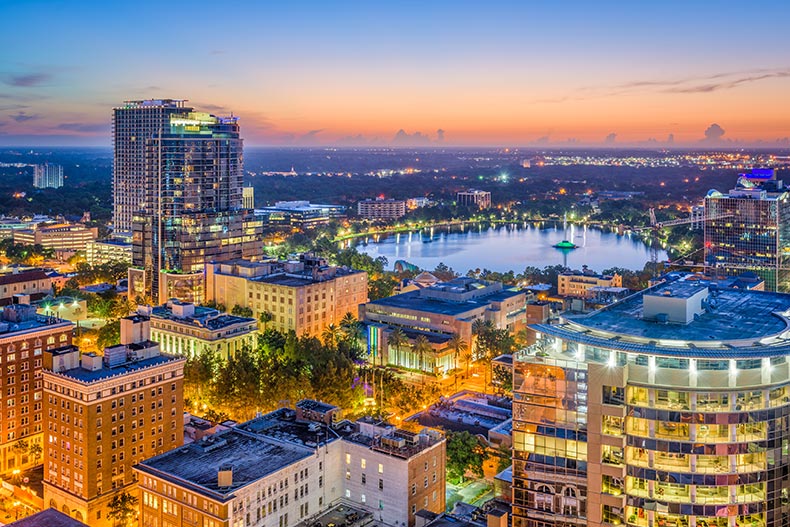 Aerial view of the Orlando skyline and Lake Eola.