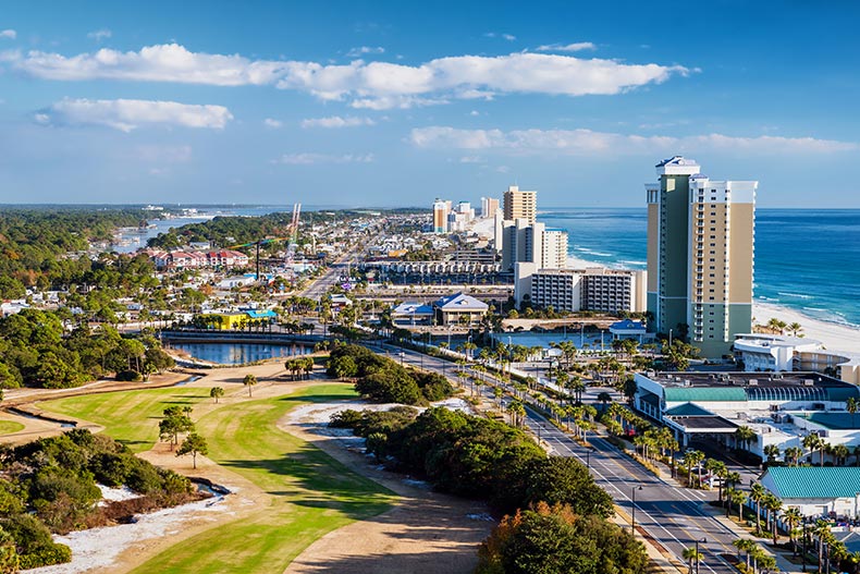 Aerial view of Front Beach Road in Panama City Beach, Florida on a sunny day.