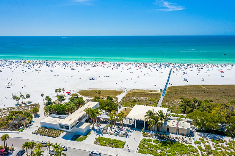 Aerial view of Siesta Key Beach in Sarasota, Florida on a sunny day during spring break.