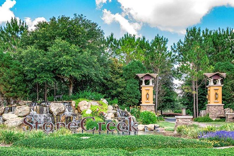 A water feature behind the community sign for Stone Creek in Ocala, Florida.