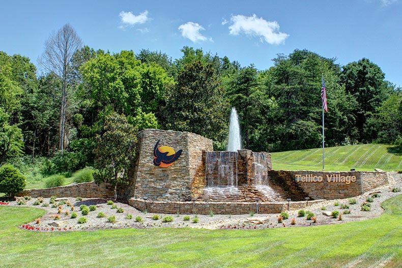 A water feature beside the community sign for Tellico Village in Loudon, Tennessee.