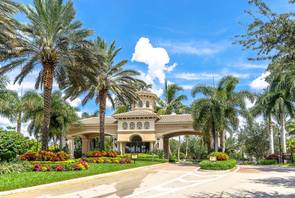 The gated entrance to Valencia Pointe in Boynton Beach, Florida.