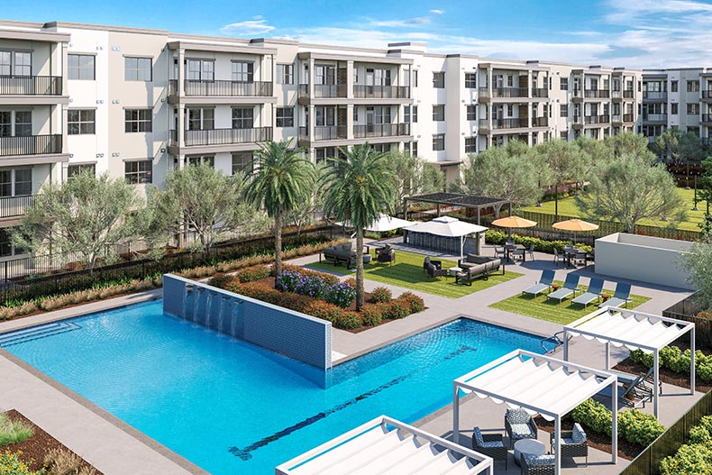 Aerial rendering of the outdoor pool at Mera Westgate in Glendale, Arizona.