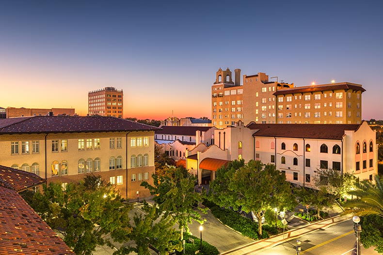 The downtown cityscape at city hall at dusk in Lakeland, Florida.