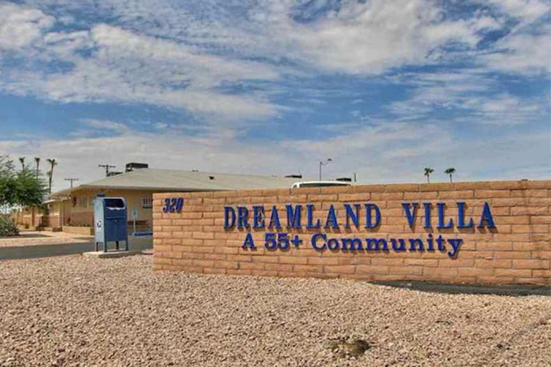 The community sign for Dreamland Villa in Mesa, Arizona.