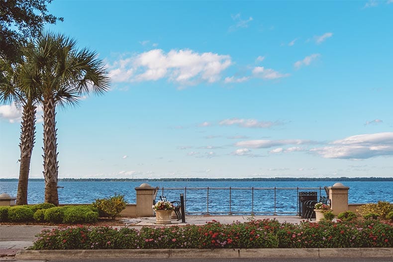 Waterfront benches in a park on Lake Monroe in Downtown Sanford, Florida.