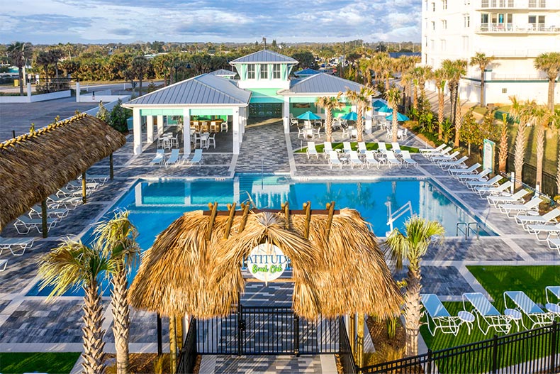 Aerial view of the beach club at Latitude Margaritaville in Daytona Beach, Florida.