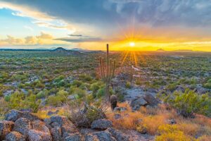 View of landscape from North Mesa, Arizona looking towards Phoenix, Arizona at sunset.