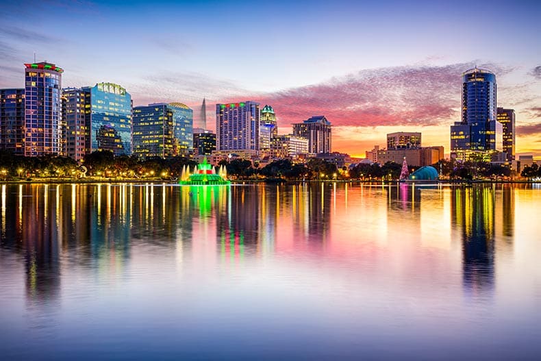The downtown city skyline from Eola Park in Orlando, Florida.