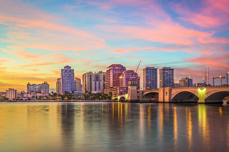 The downtown skyline at dusk in West Palm Beach, Florida.