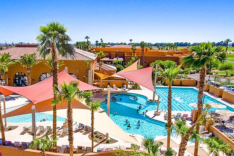 Aerial view of the outdoor resort-style pool at PebbleCreek in Goodyear, Arizona.