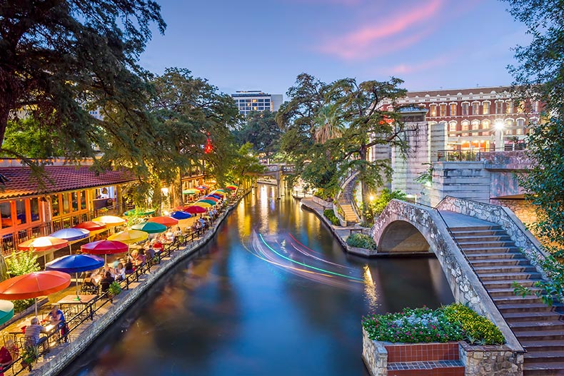 The river walk in San Antonio, Texas at sunset.