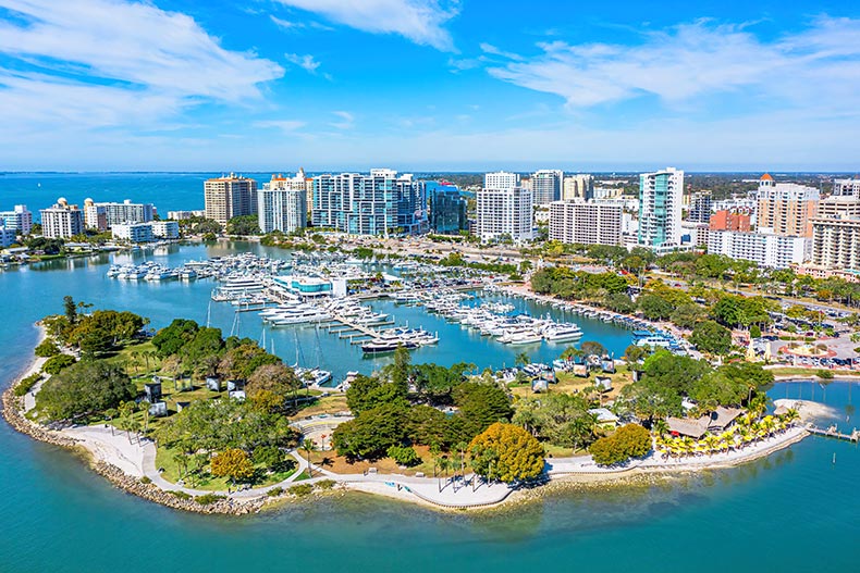 Aerial view of the marina in Downtown Sarasota in Florida.