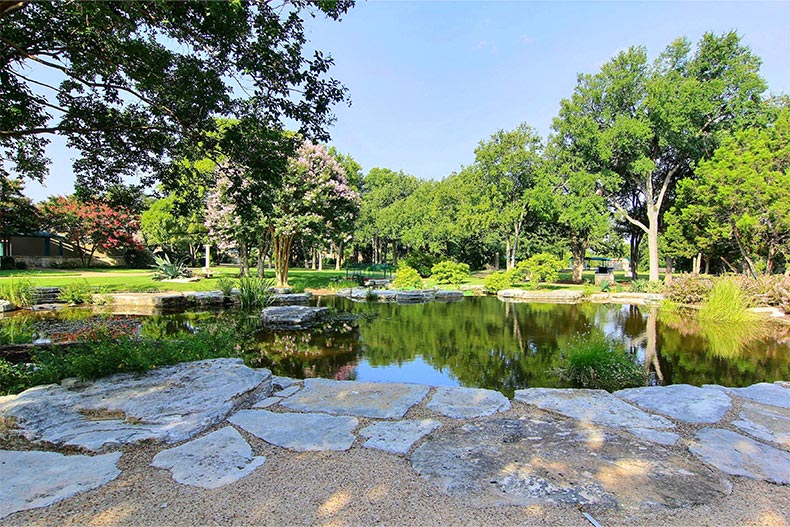 A scenic pond on the grounds of Sun City Texas in Georgetown, Texas.