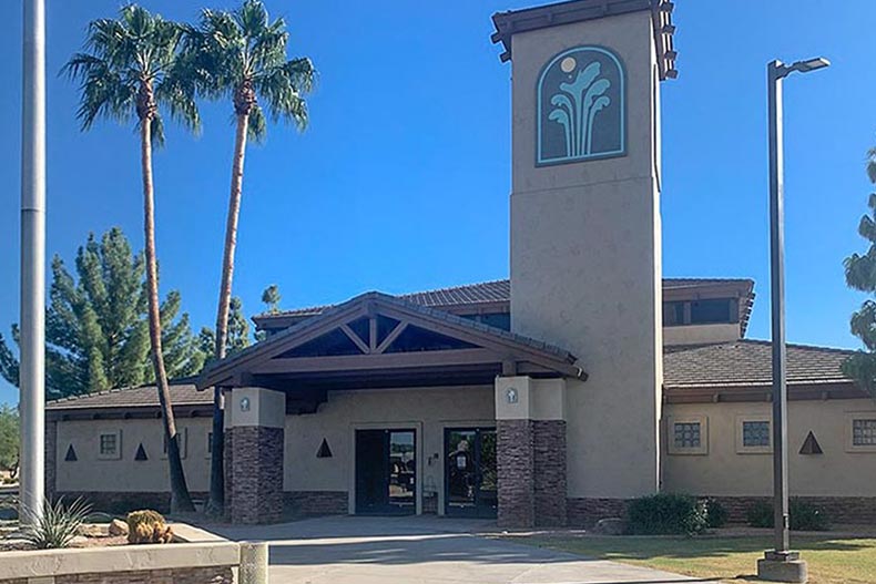 Exterior view of the clubhouse at Sunland Springs Village in Mesa, Arizona.