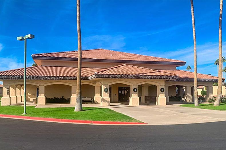 Exterior view of the clubhouse at Sunland Village East in Mesa, Arizona.