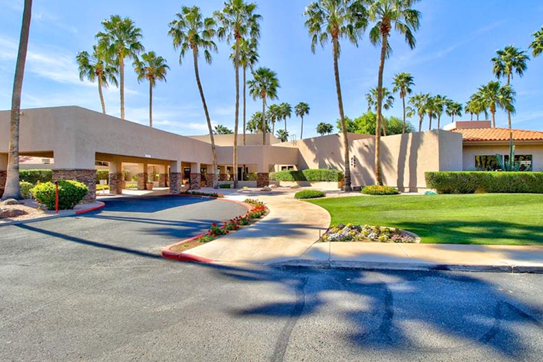 Palm trees surrounding the entrance and clubhouse at Westbrook Village in Peoria, Arizona.